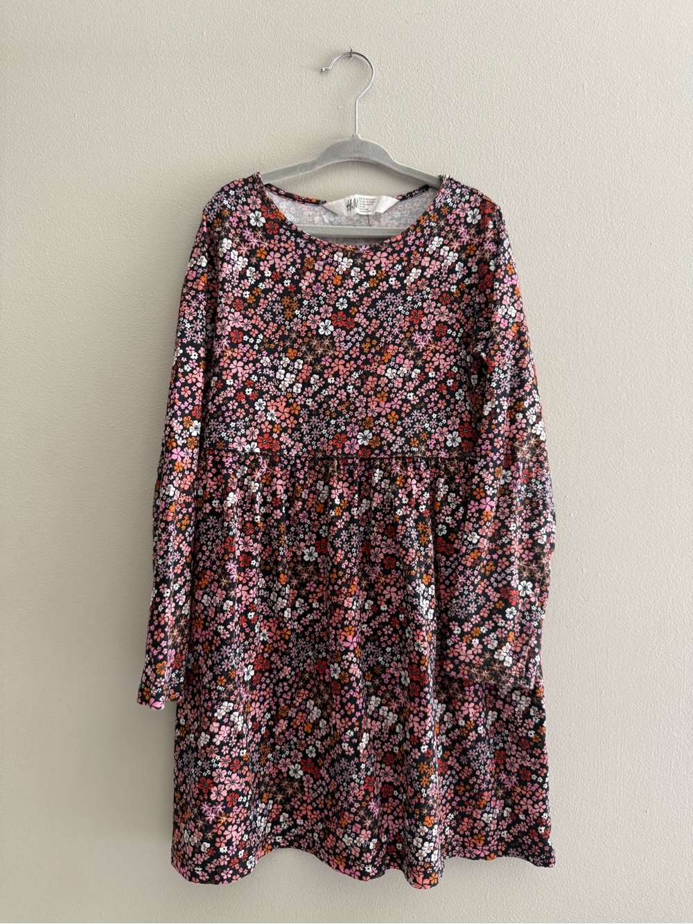 Girls Fall Black Floral Long-Sleeve Dress with Pink & White Blossoms H&M